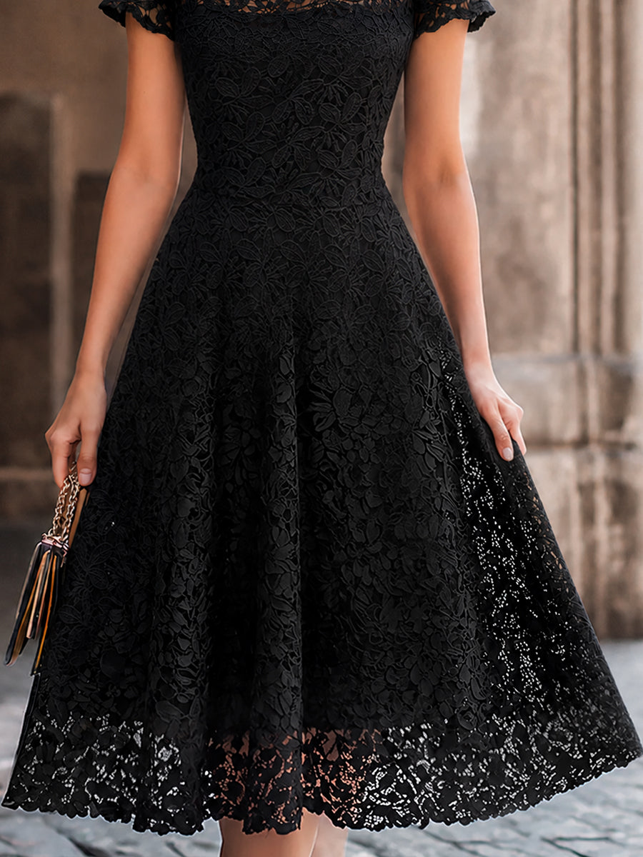 Elegant Floral Lace Boat Neck A-Line Midi Dress