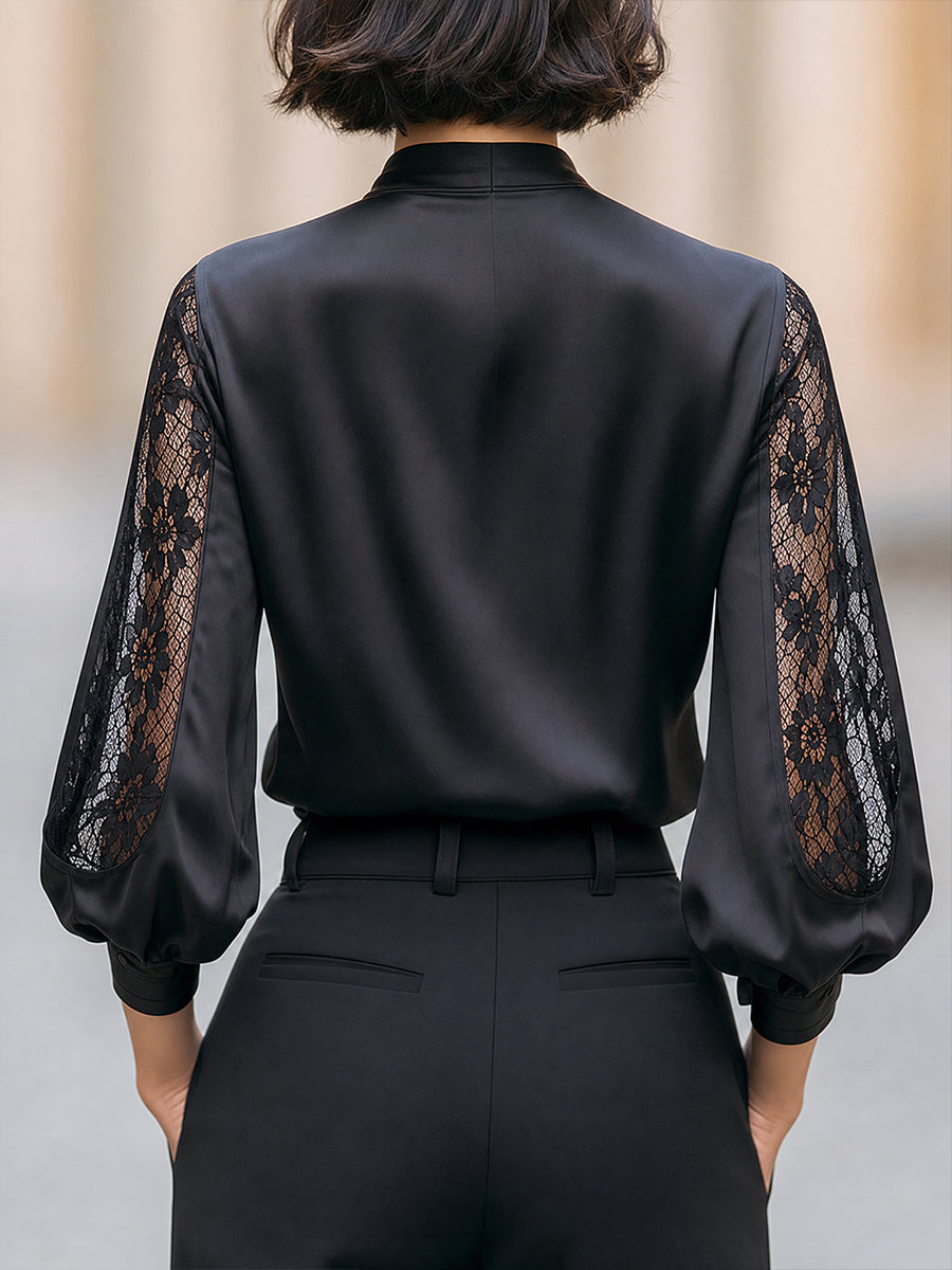 Lace Inset Satin Mock Neck Blouse