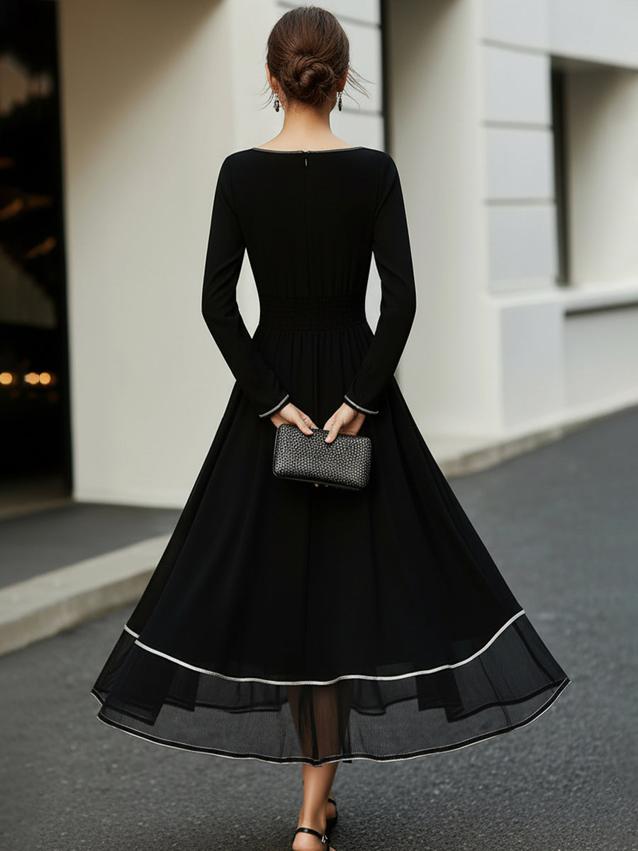 Long Sleeve Contrast Trim Midi Dress With Flared Skirt