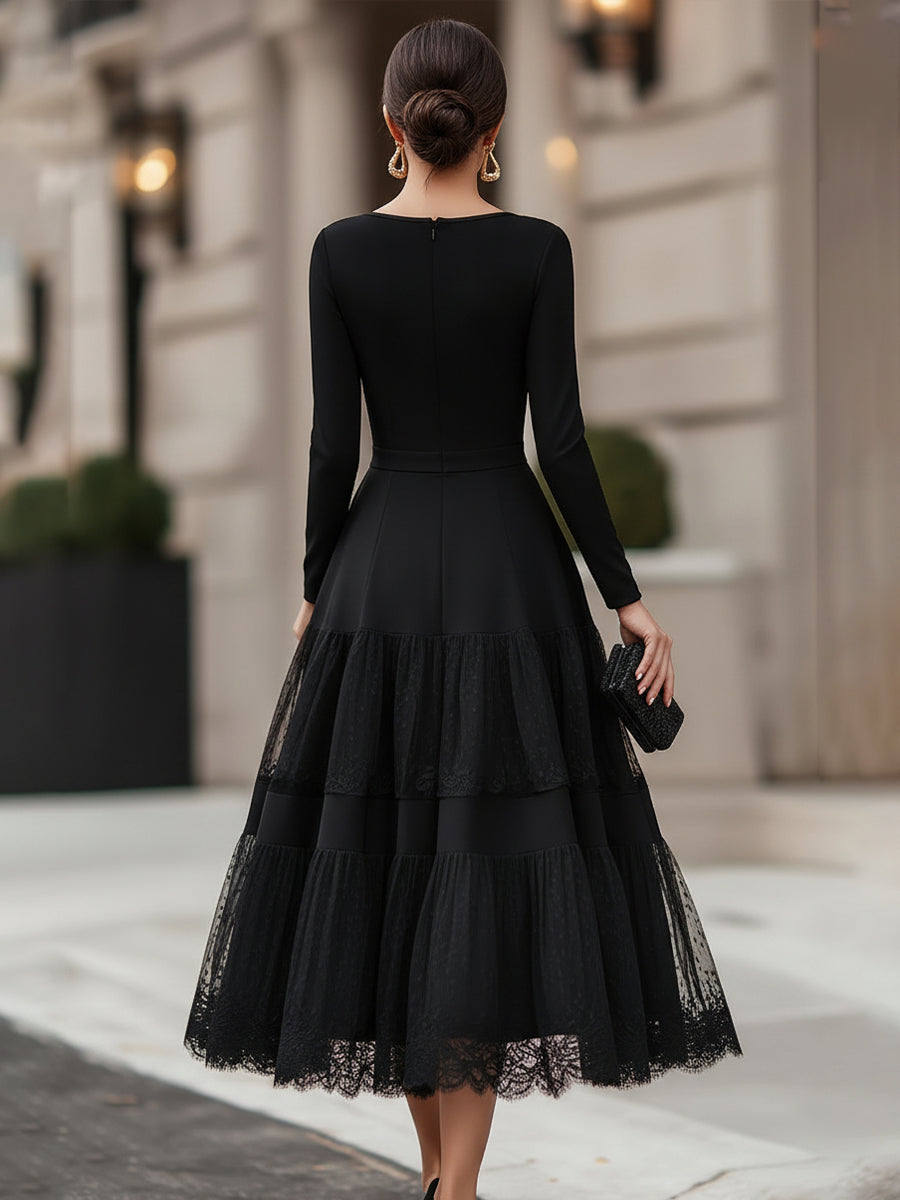 Long Sleeve Tiered Lace Hem Maxi Dress