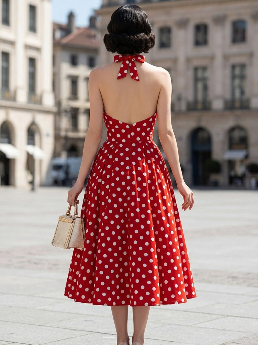 Halter V-Neck Polka Dot A-Line Midi Dress