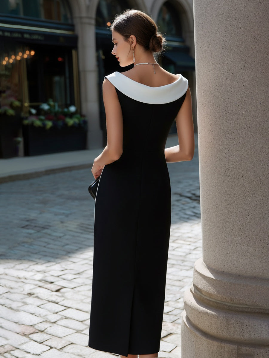 Contrast Neck Sleeveless Column Midi Dress