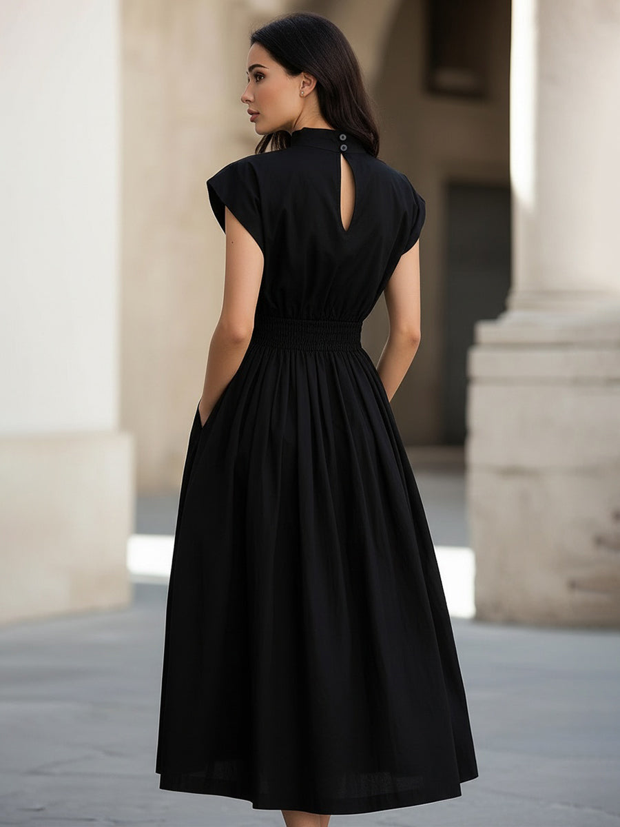 High Neck Smocked Waist Midi Dress