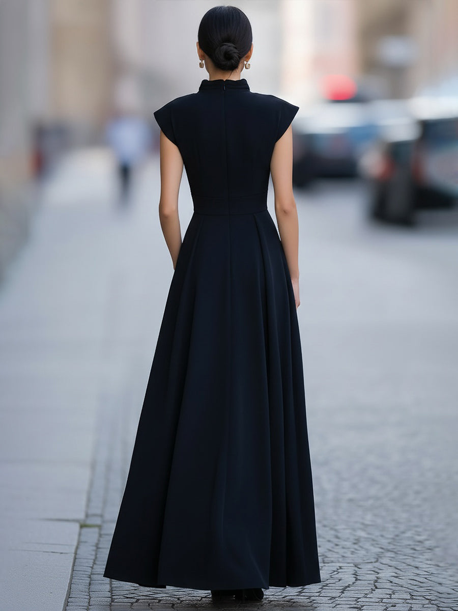 Draped Cap-Sleeve Maxi Dress With Defined Waist