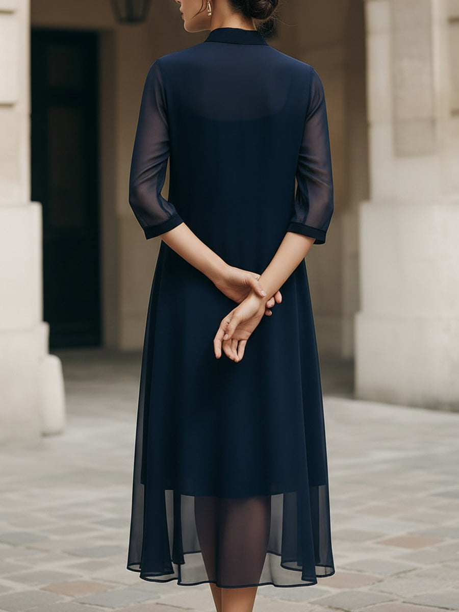 Mandarin Collar Sheer Overlay Midi Dress