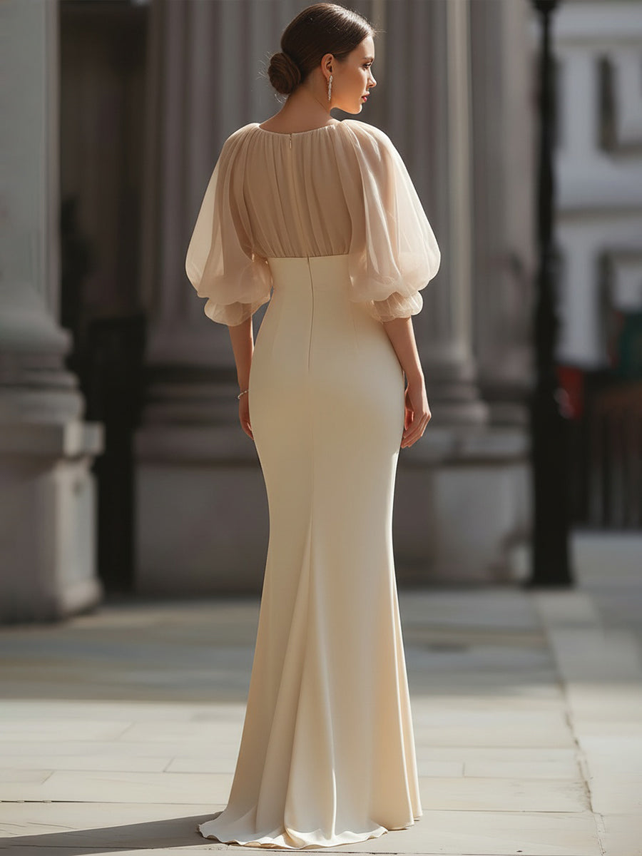 Gathered Sheer Sleeve Mermaid Evening Dress