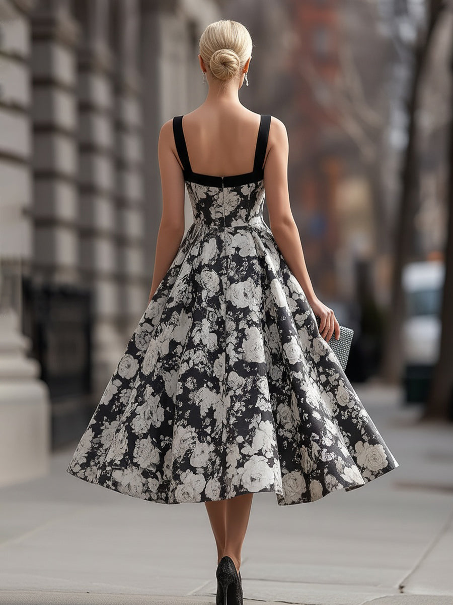Square Neck Floral A-Line Maxi Dress
