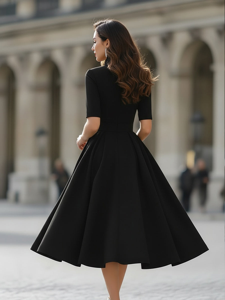 Elegant V-Neck Tailored A-Line Midi Dress