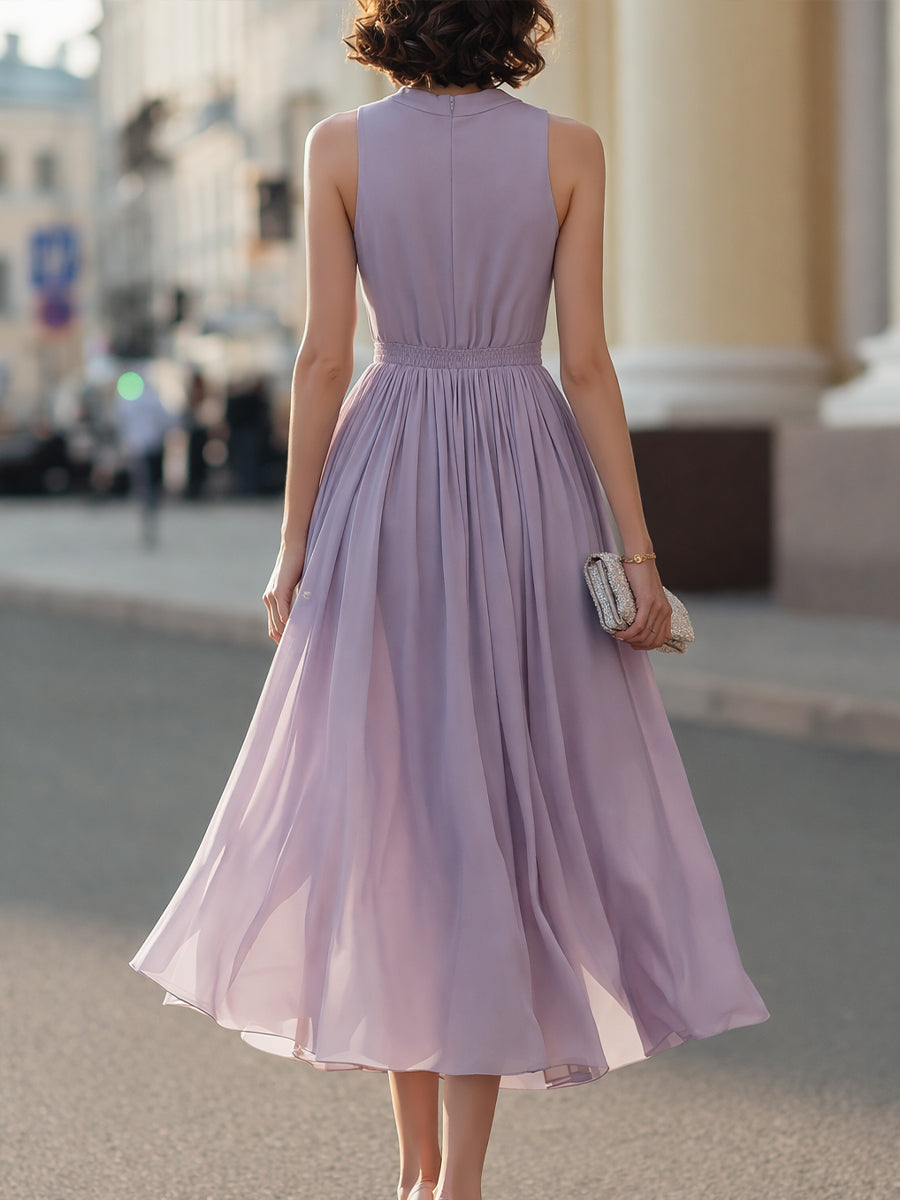 Sleeveless Pleated Waist Midi Dress
