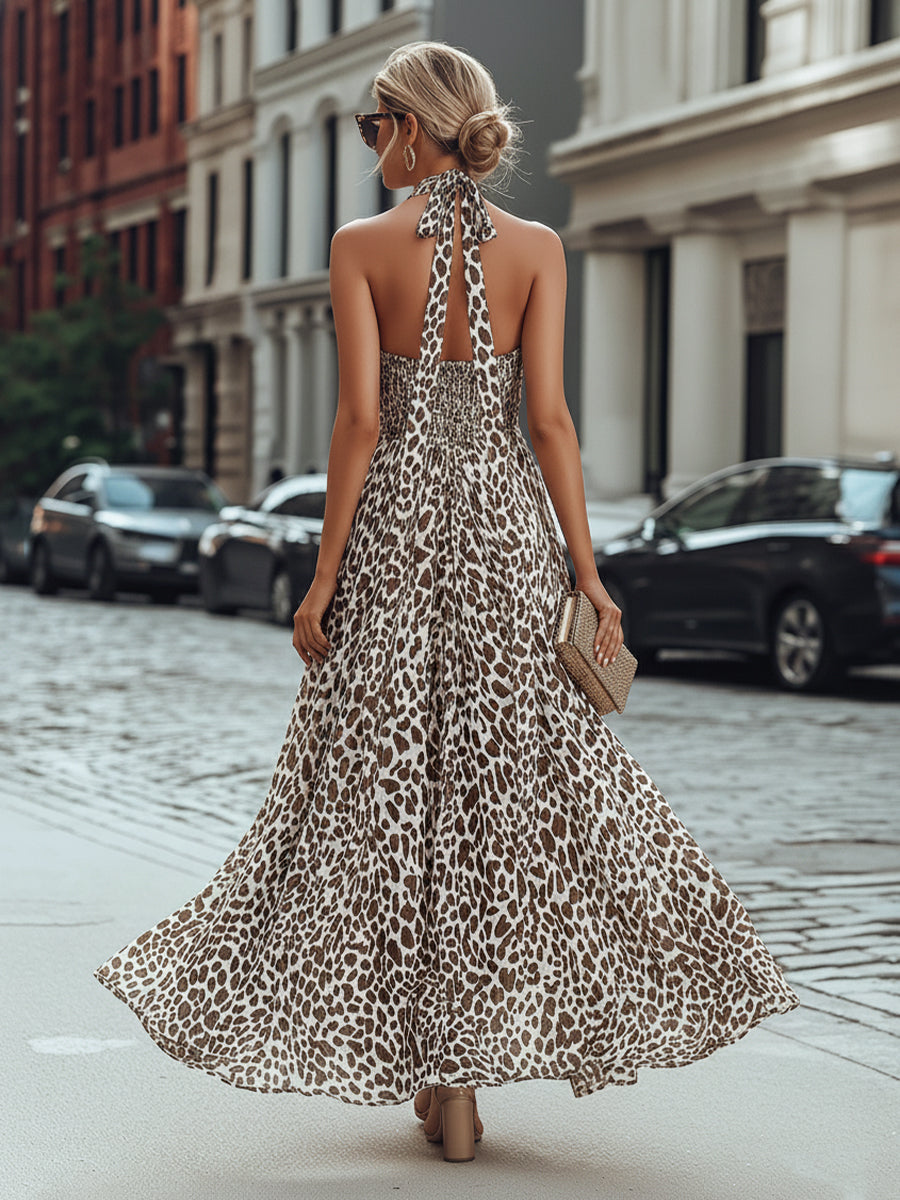 Leopard Print Halter Neck Flowing Maxi Dress