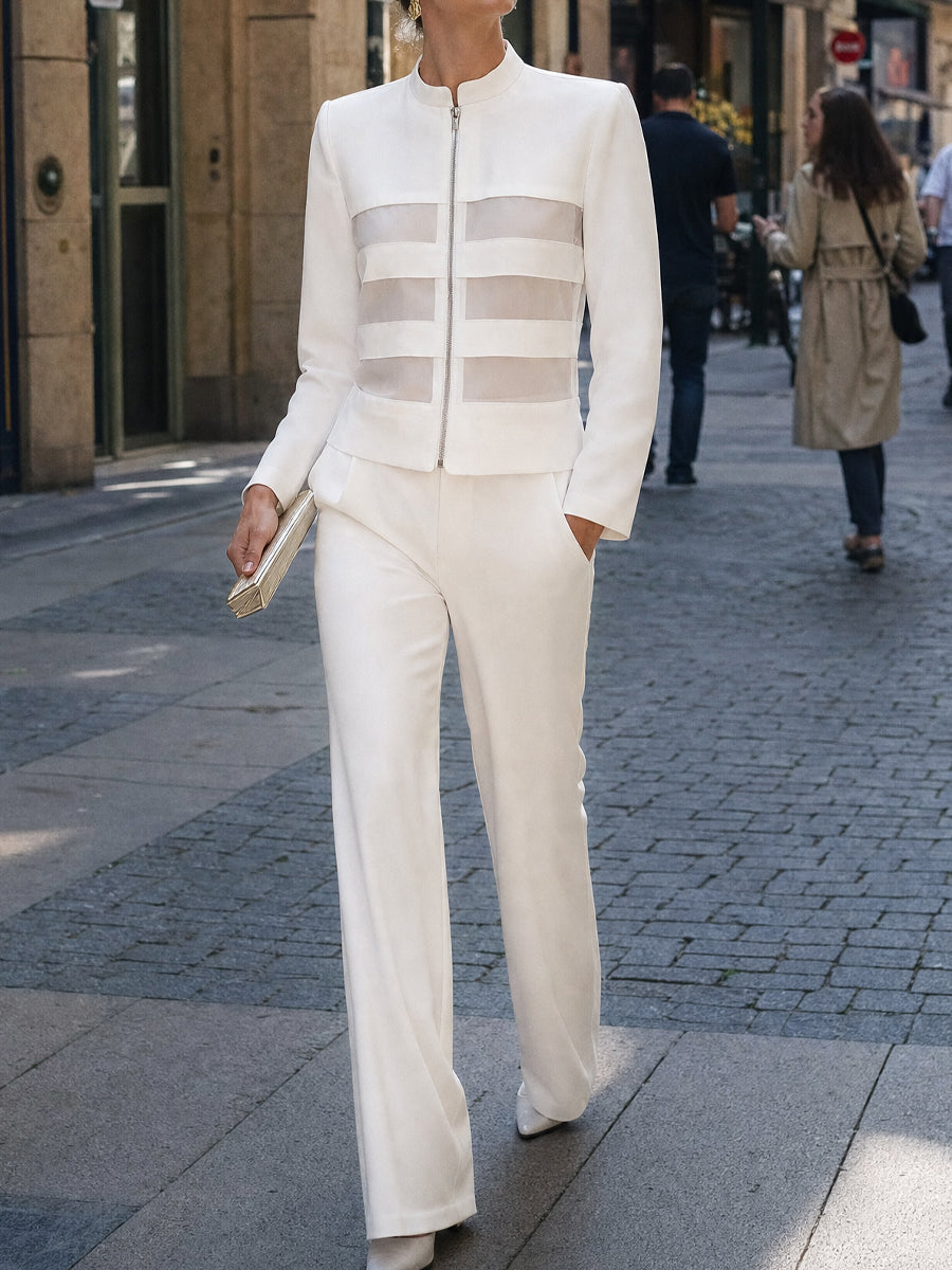 Zip Front Sheer Panel Tailored Jacket
