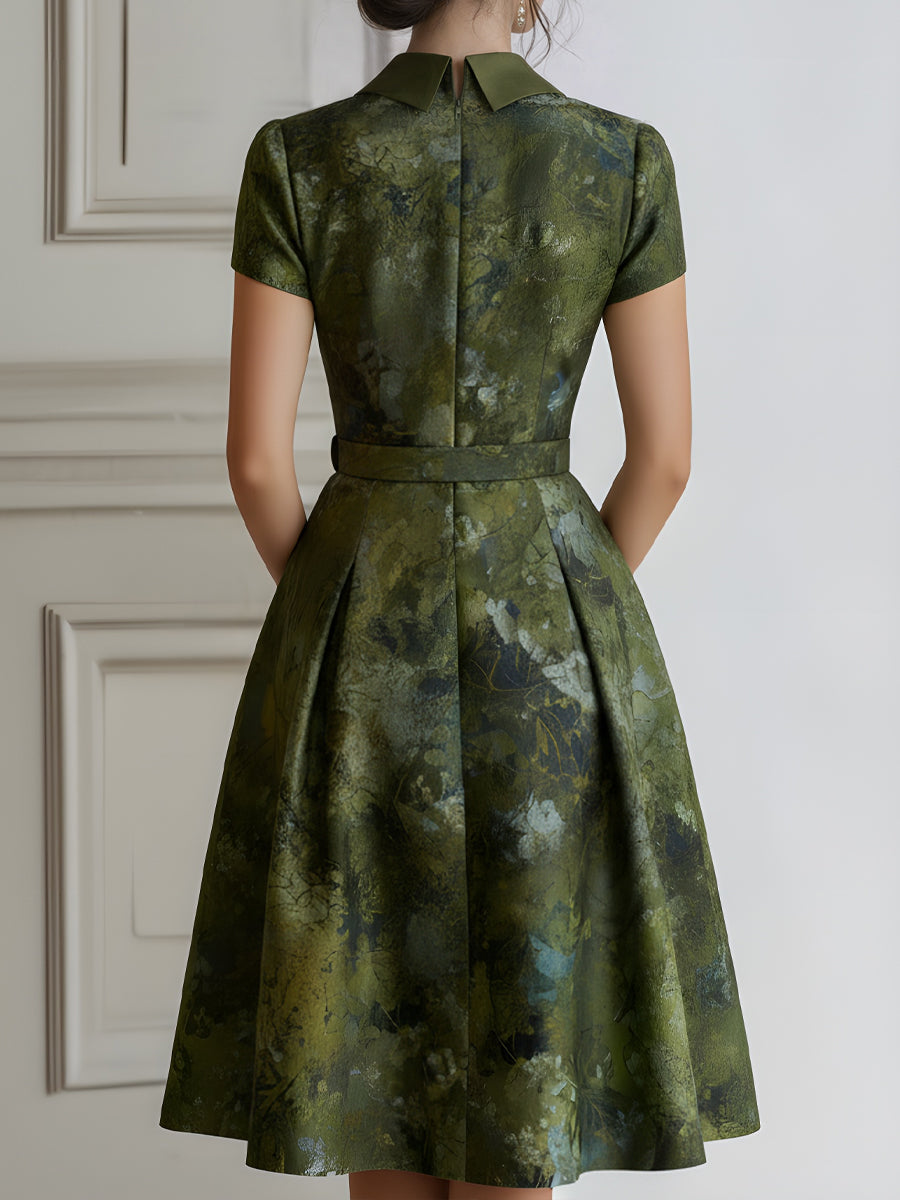 Floral Lapel Short Sleeve Midi Dress With Tailored Waist