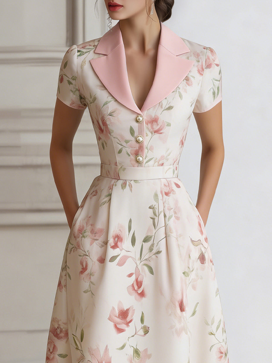 Floral Lapel Short Sleeve Midi Dress With Tailored Waist