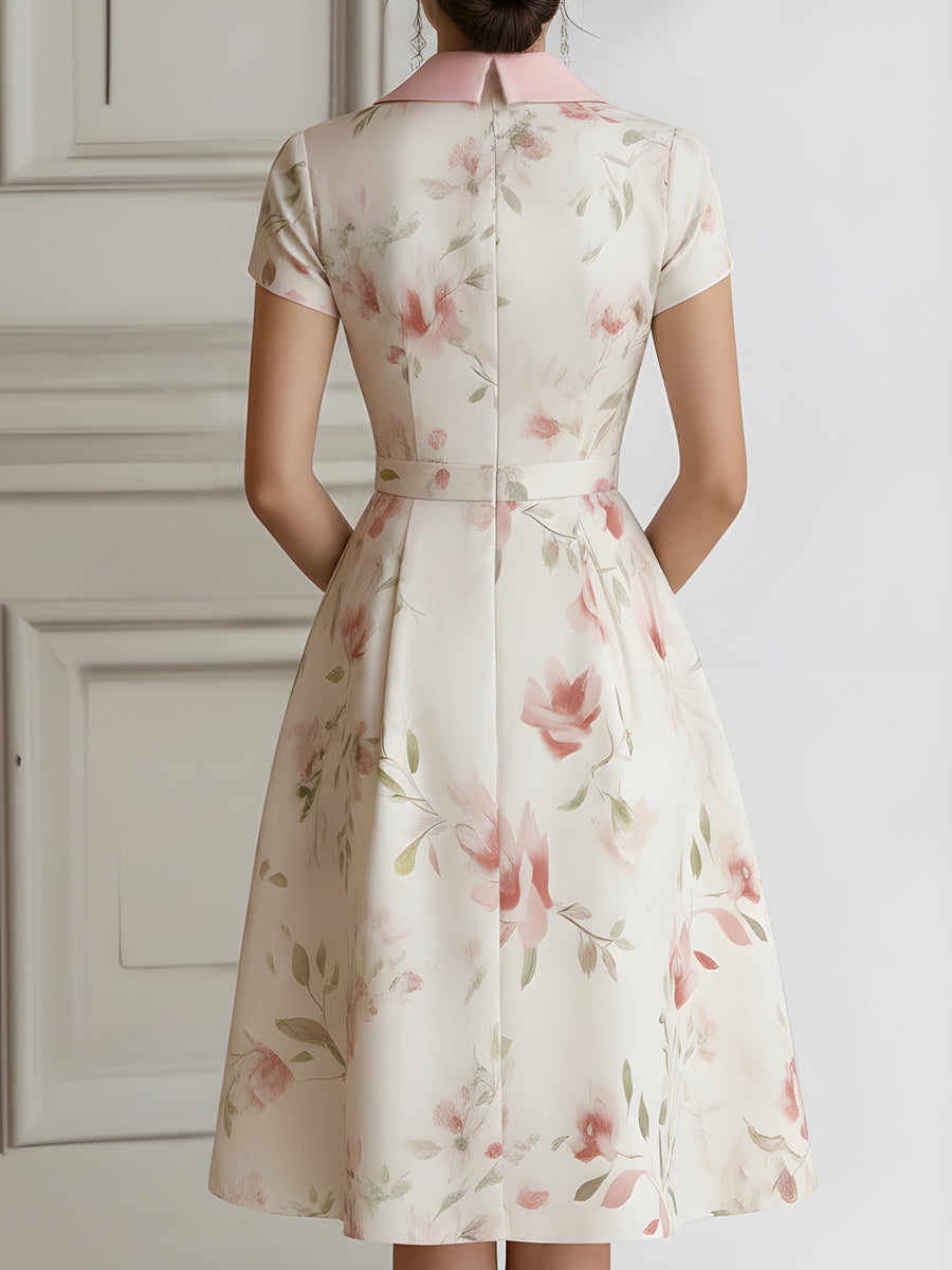 Floral Lapel Short Sleeve Midi Dress With Tailored Waist