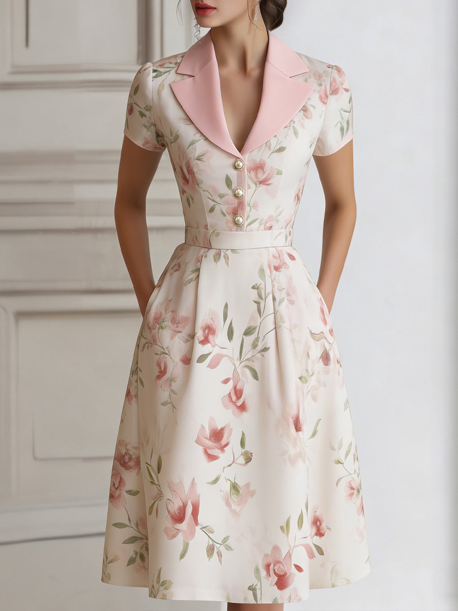 Floral Lapel Short Sleeve Midi Dress With Tailored Waist