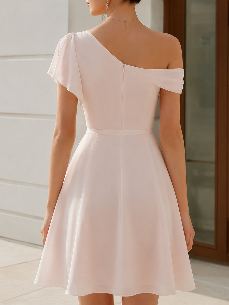 One-Shoulder Draped Chiffon A-Line Mini Dress