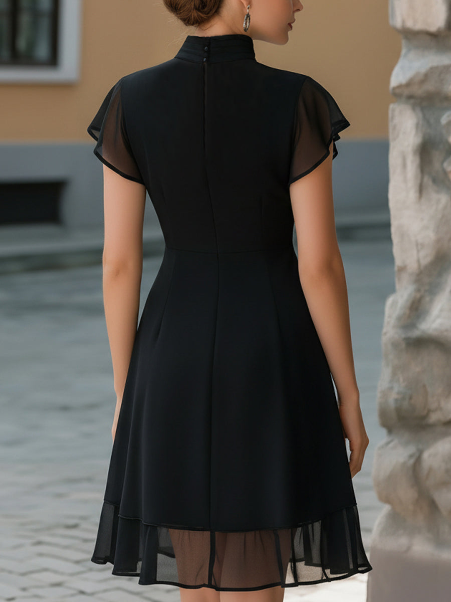 Chiffon Mandarin-Collar Flutter Sleeve A-Line Dress