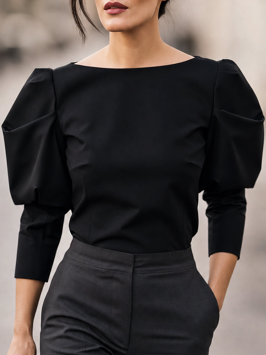 Women's Puff Sleeve Boat Neck Blouse - Elegant Structured Top