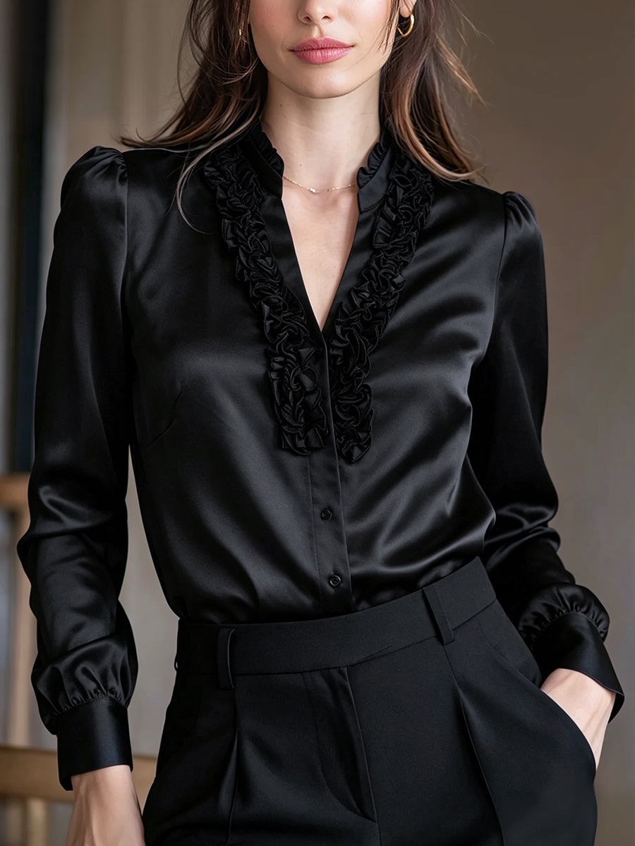 Black Satin Ruffled V-Neck Long Sleeve Blouse
