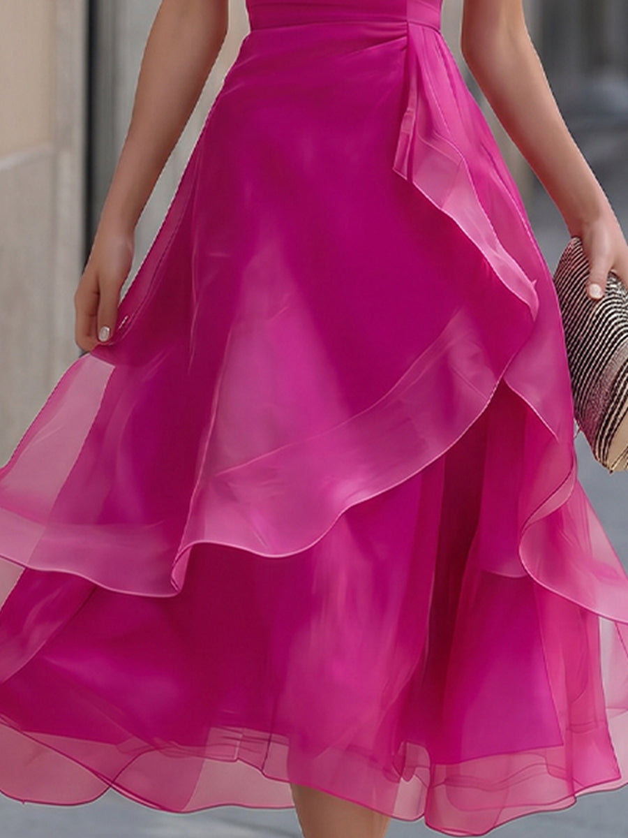 Layered Organza Cap Sleeve A-Line Midi Dress