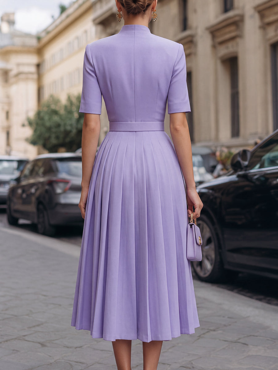 Tailored Button-Front Pleated Midi Dress