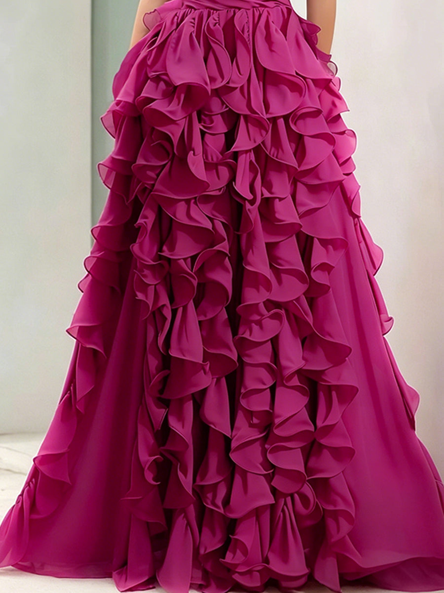 Strapless Magenta Ruffled Ball Gown