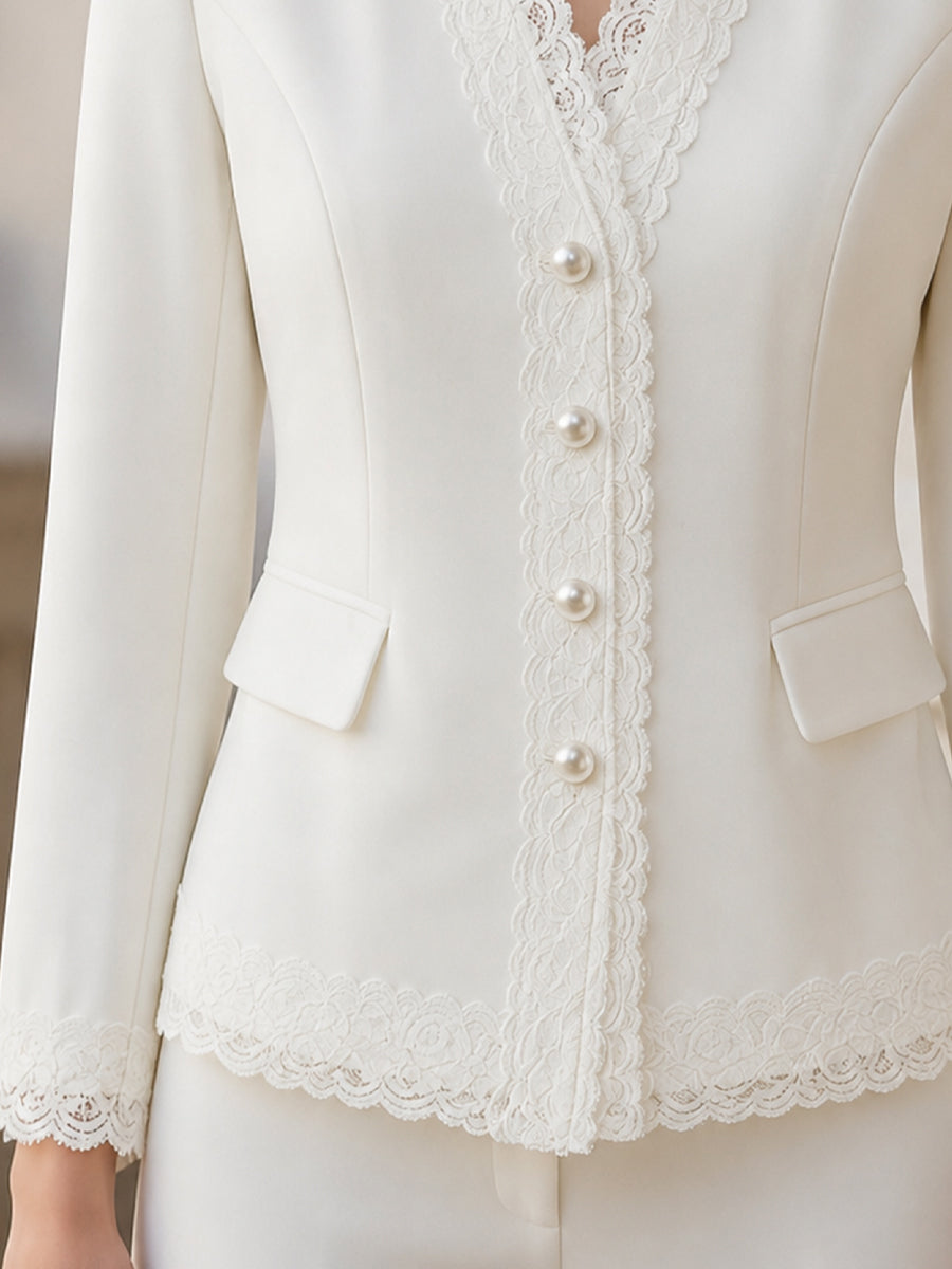 Pearl Button Lace-Trimmed Blazer
