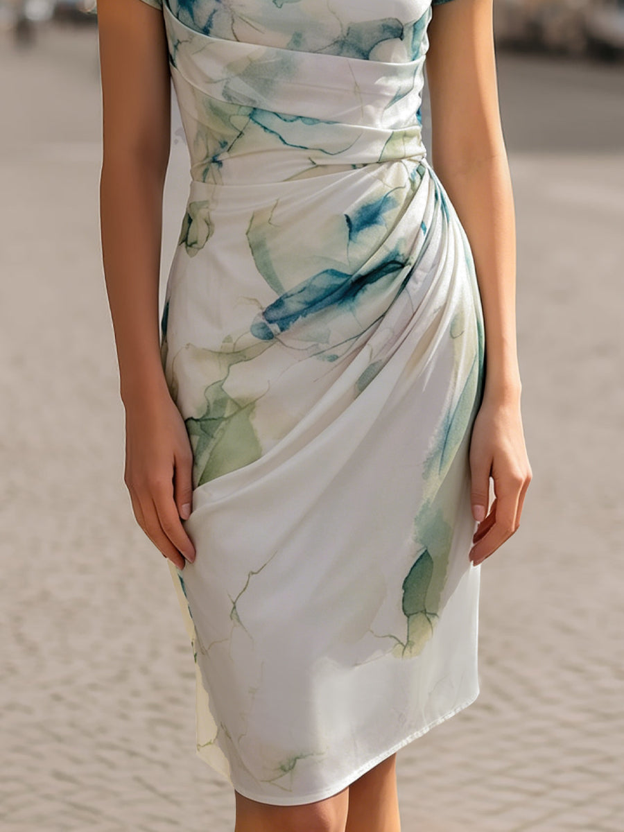Draped Cowl-Neck Print Midi Dress