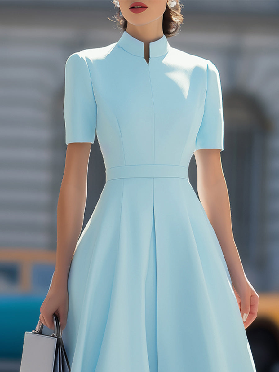 High Neck Short Sleeve Pleated Fit-and-Flare Midi Dress