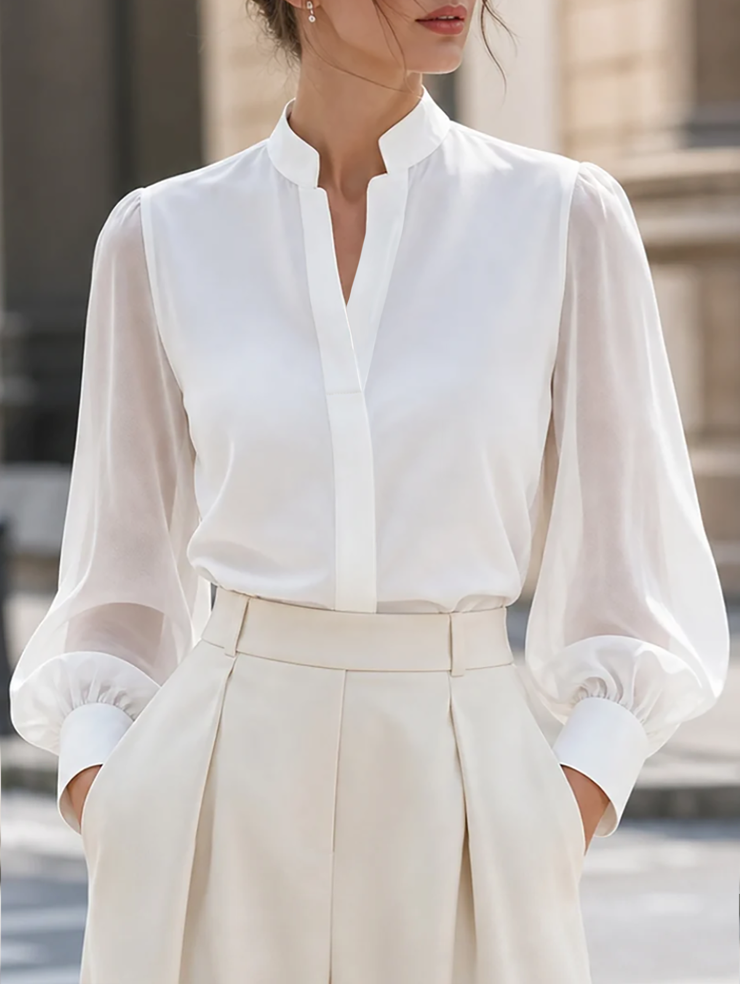 Stand Collar Split V Neck Sheer Lantern Long Sleeve  Blouse