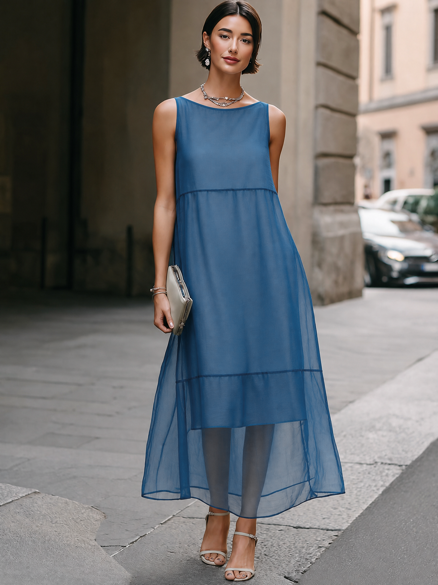 Sheer Layered Chiffon Midi Dress