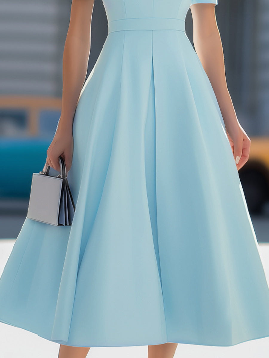 High Neck Short Sleeve Pleated Fit-and-Flare Midi Dress