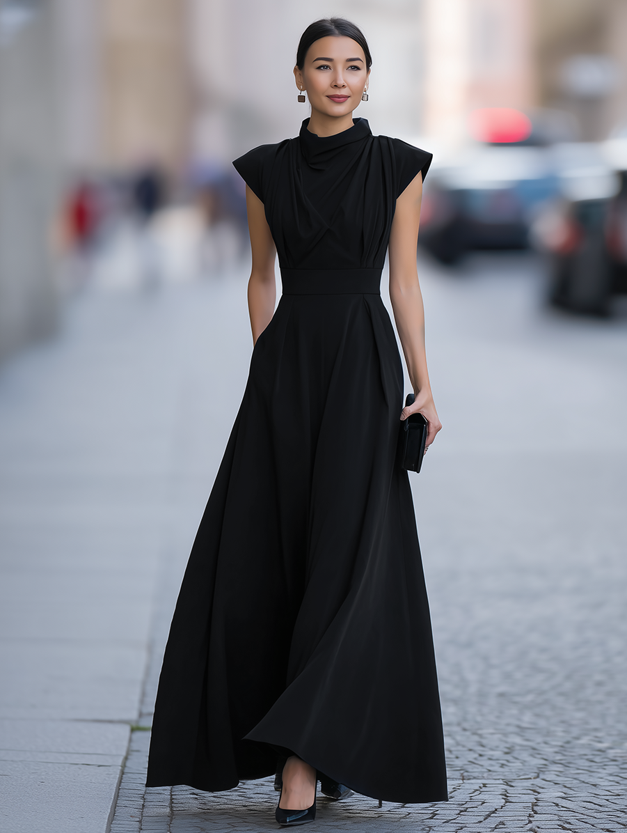 Draped Cap-Sleeve Maxi Dress With Defined Waist