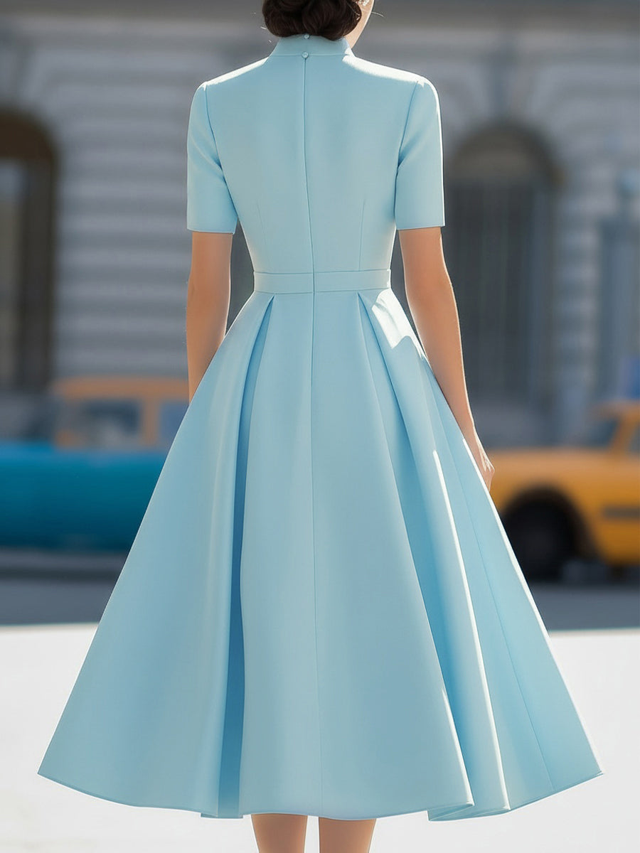 High Neck Short Sleeve Pleated Fit-and-Flare Midi Dress