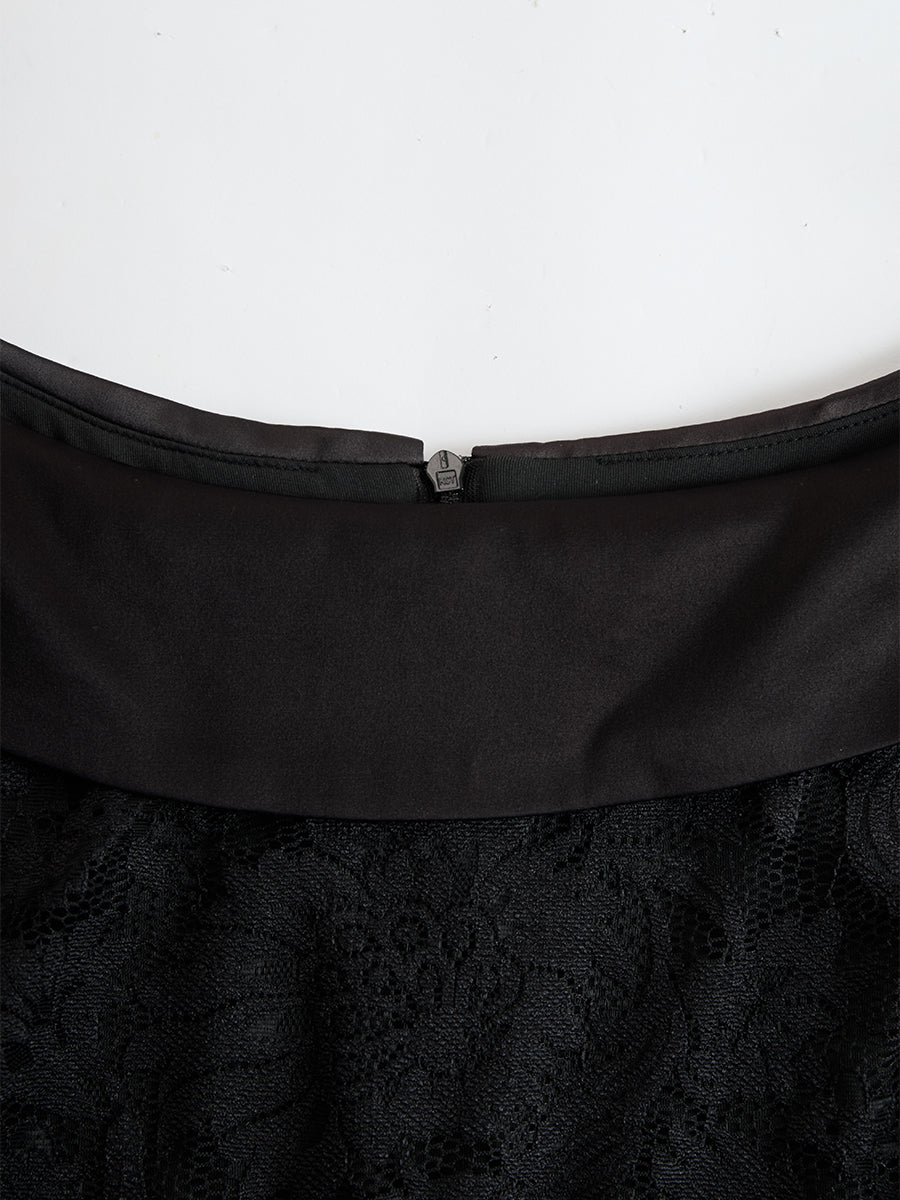 Black Lace Off-Shoulder Midi Sheath Dress With Satin Collar