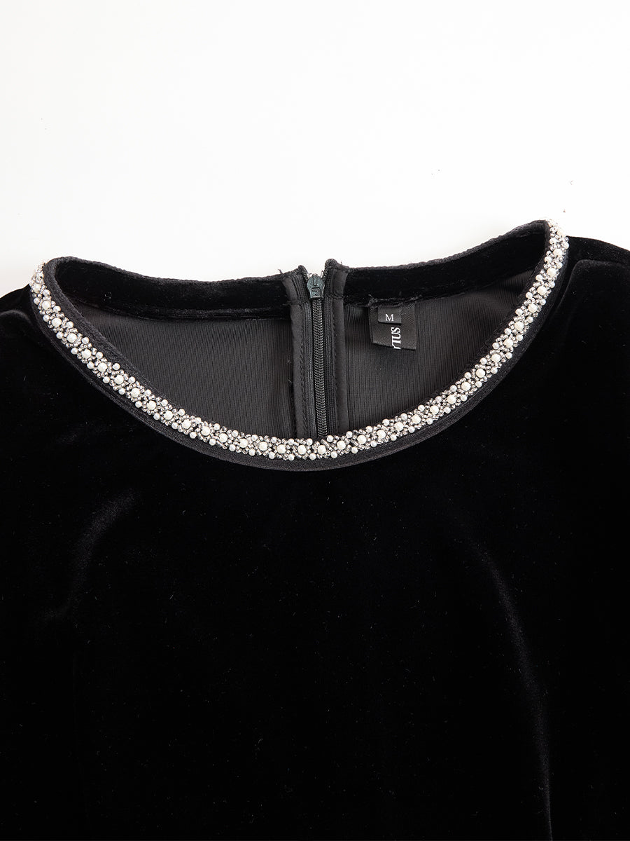 Elegant Velvet Mini Dress With Embellished Neckline And Floral Cuff Detail