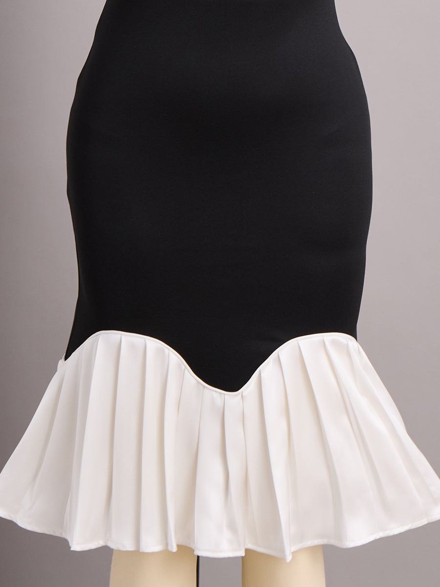 Elegant Black and White High Neck Midi Dress