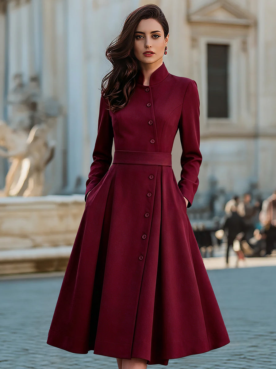 Elegant Band Collar Button-Down Midi Dress With Belt