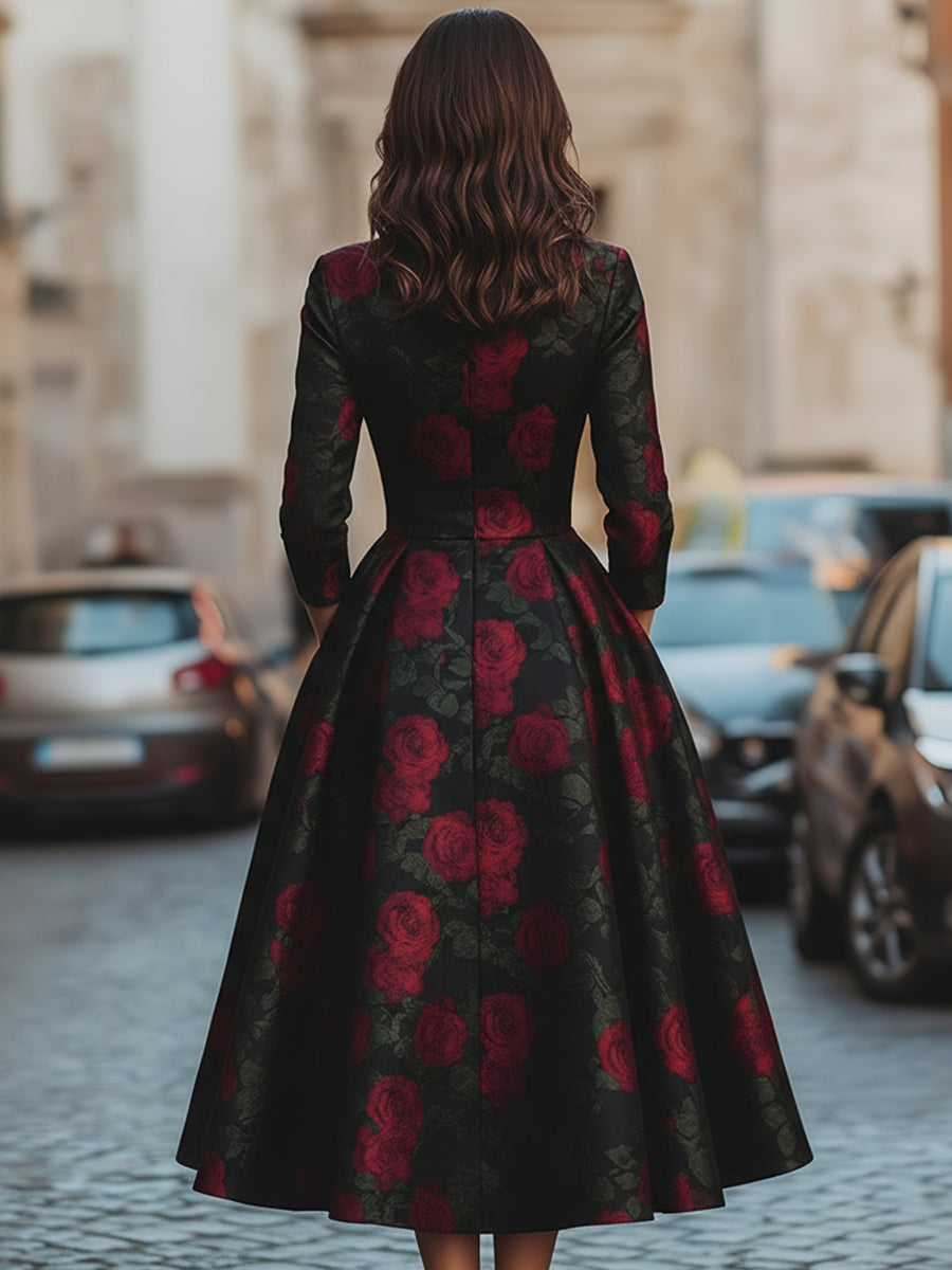 Elegant Jacquard Rose Print Midi Dress
