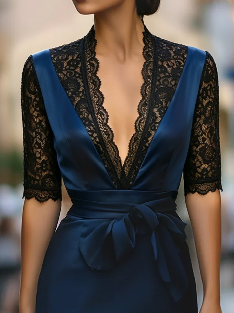 Elegant Lace-Trim V-Neck Belted Midi Dress