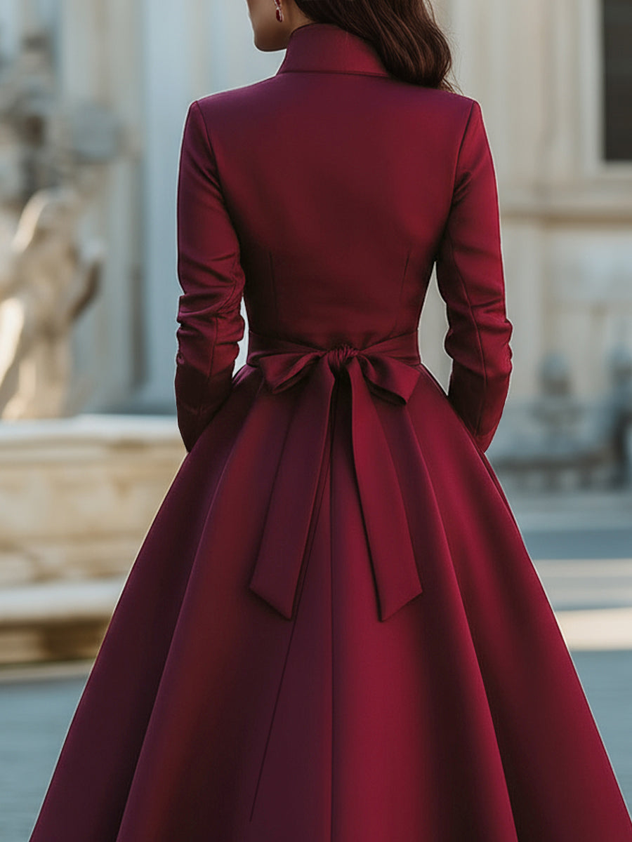 Elegant Band Collar Button-Down Midi Dress With Belt