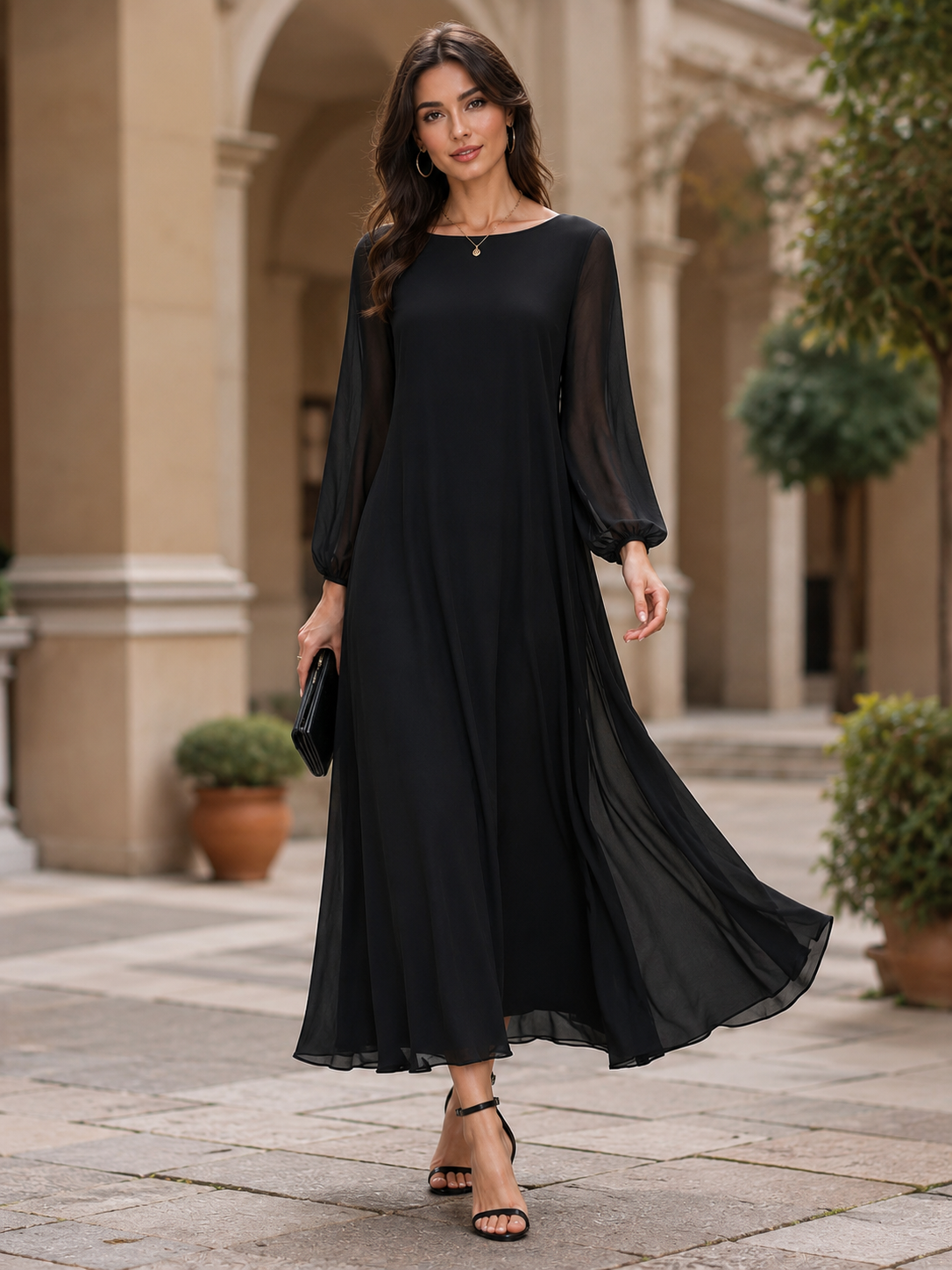 Sheer Sleeve Flowing A-Line Maxi Dress