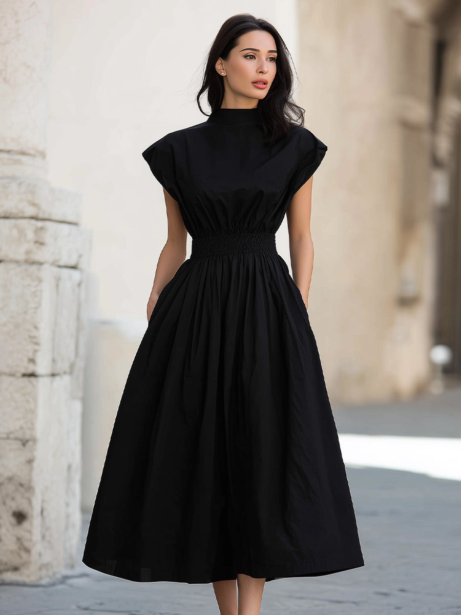 High Neck Smocked Waist Midi Dress