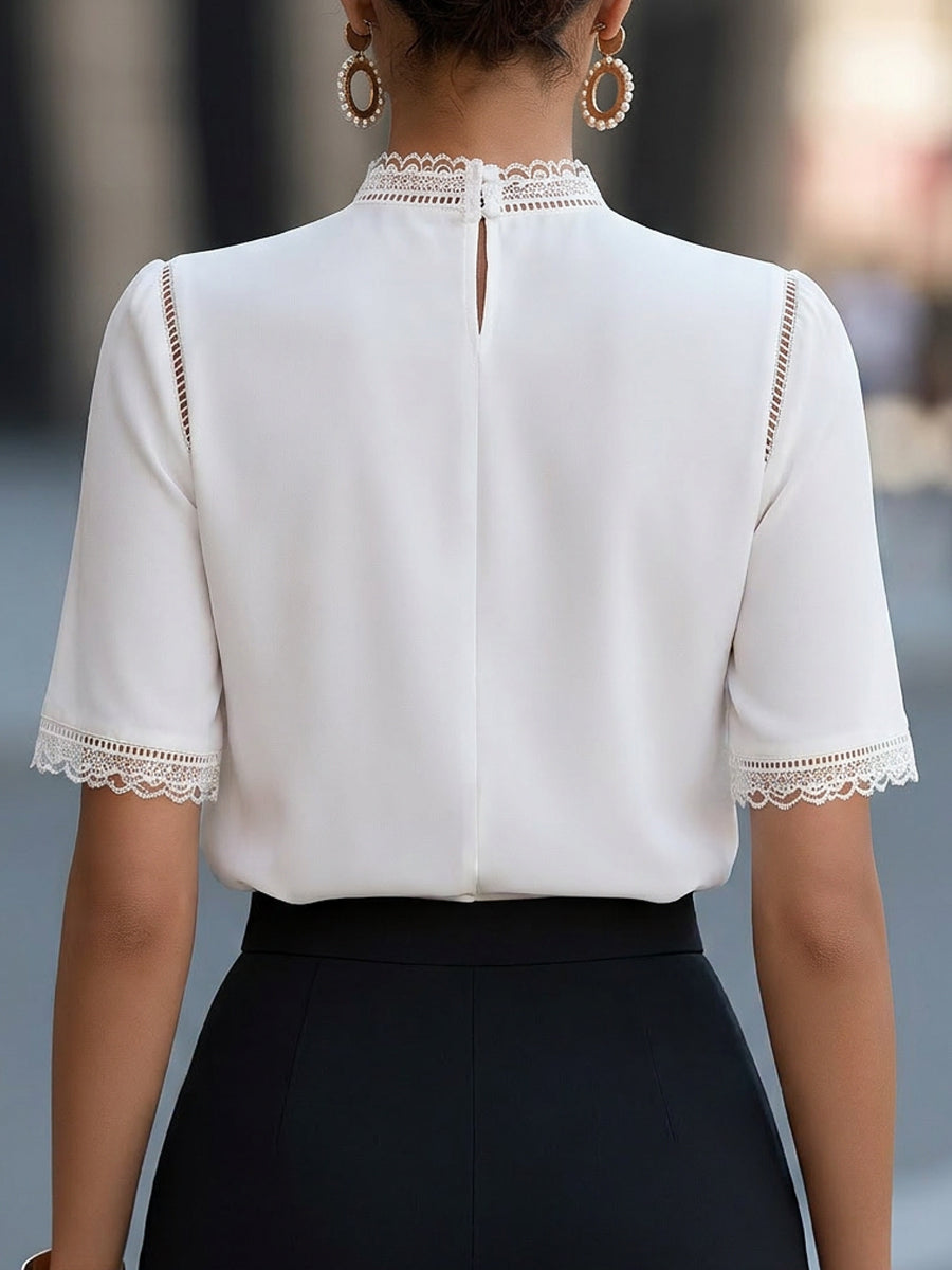Elegant Lace-Trimmed Short Sleeve Blouse