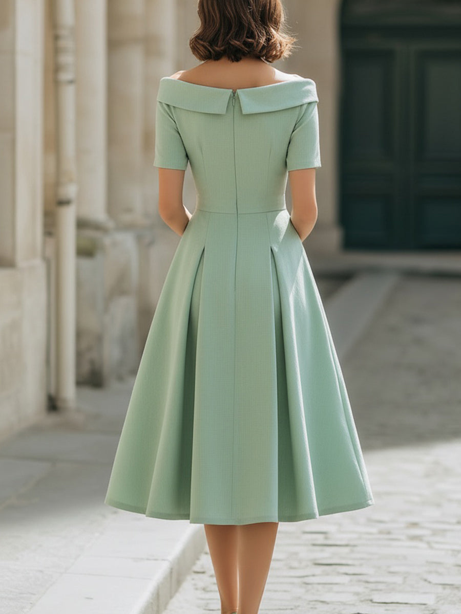 Mint Green Off-Shoulder Short Sleeve Fit-and-Flare Midi Dress With Pockets