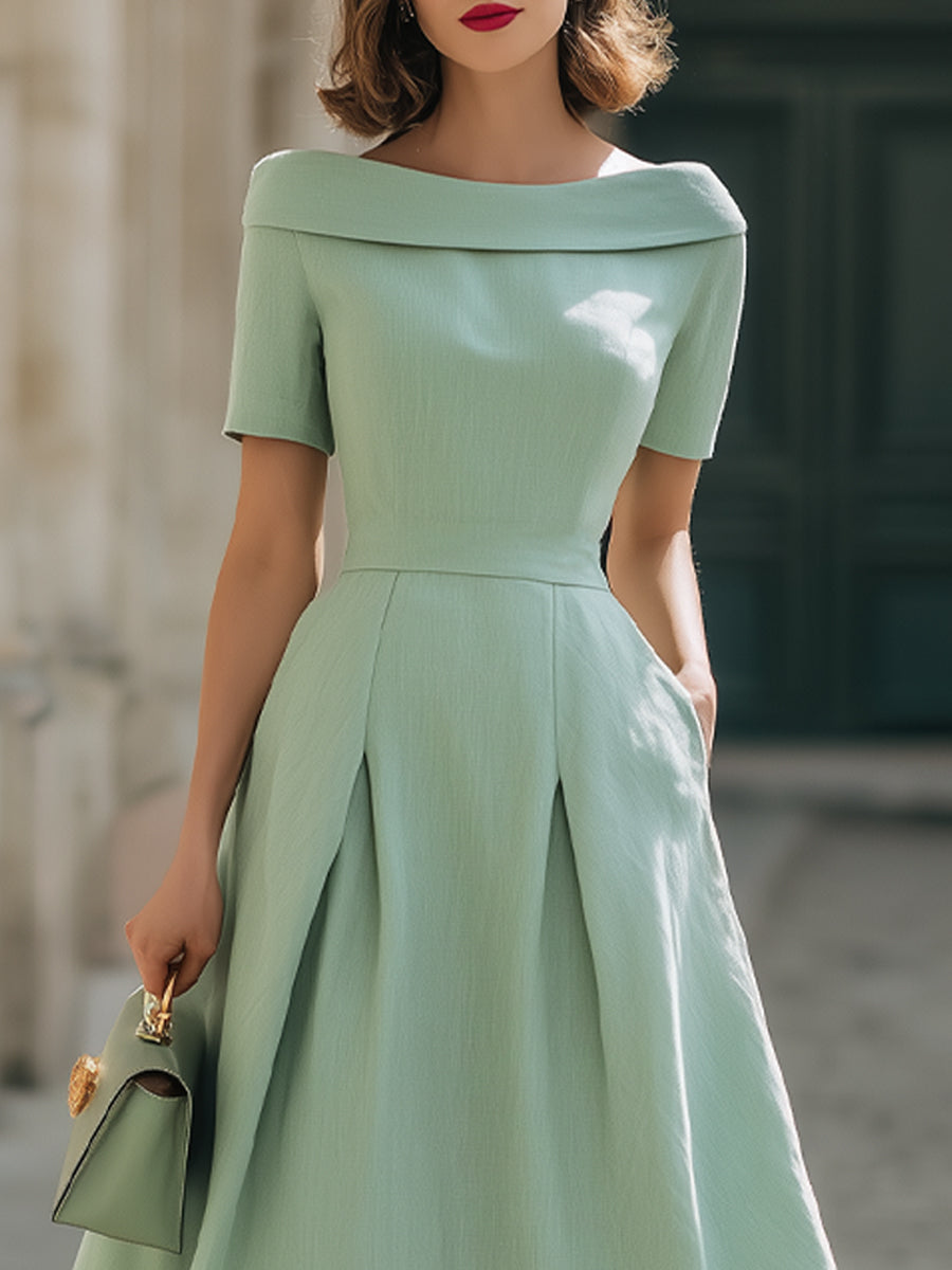 Mint Green Off-Shoulder Short Sleeve Fit-and-Flare Midi Dress With Pockets