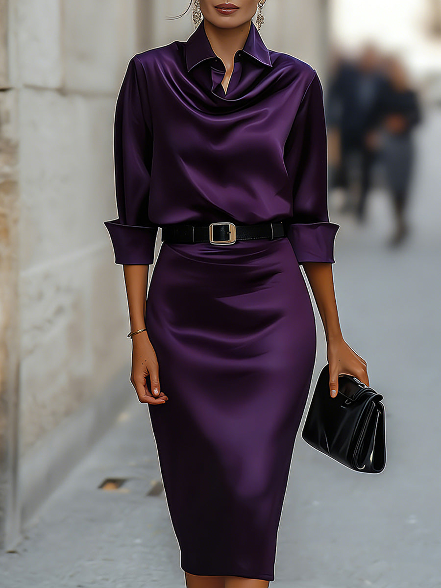 Elegant Satin Draped-Collar Midi Dress With Black Belt