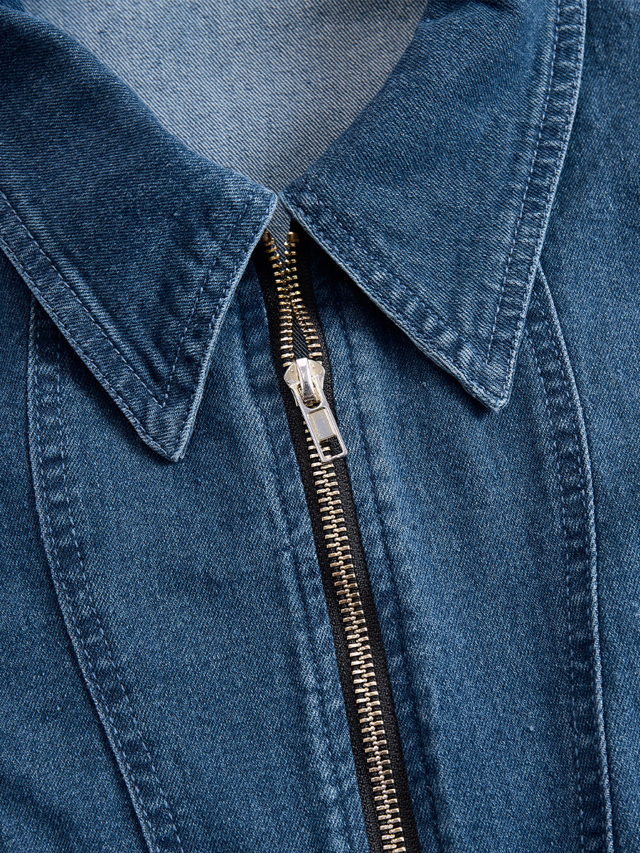 Elegant Zippered Belted Denim Midi Dress