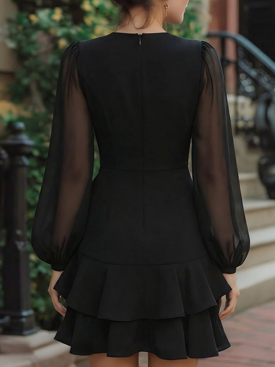 V-Neck Ruffled Dress With Sheer Sleeves