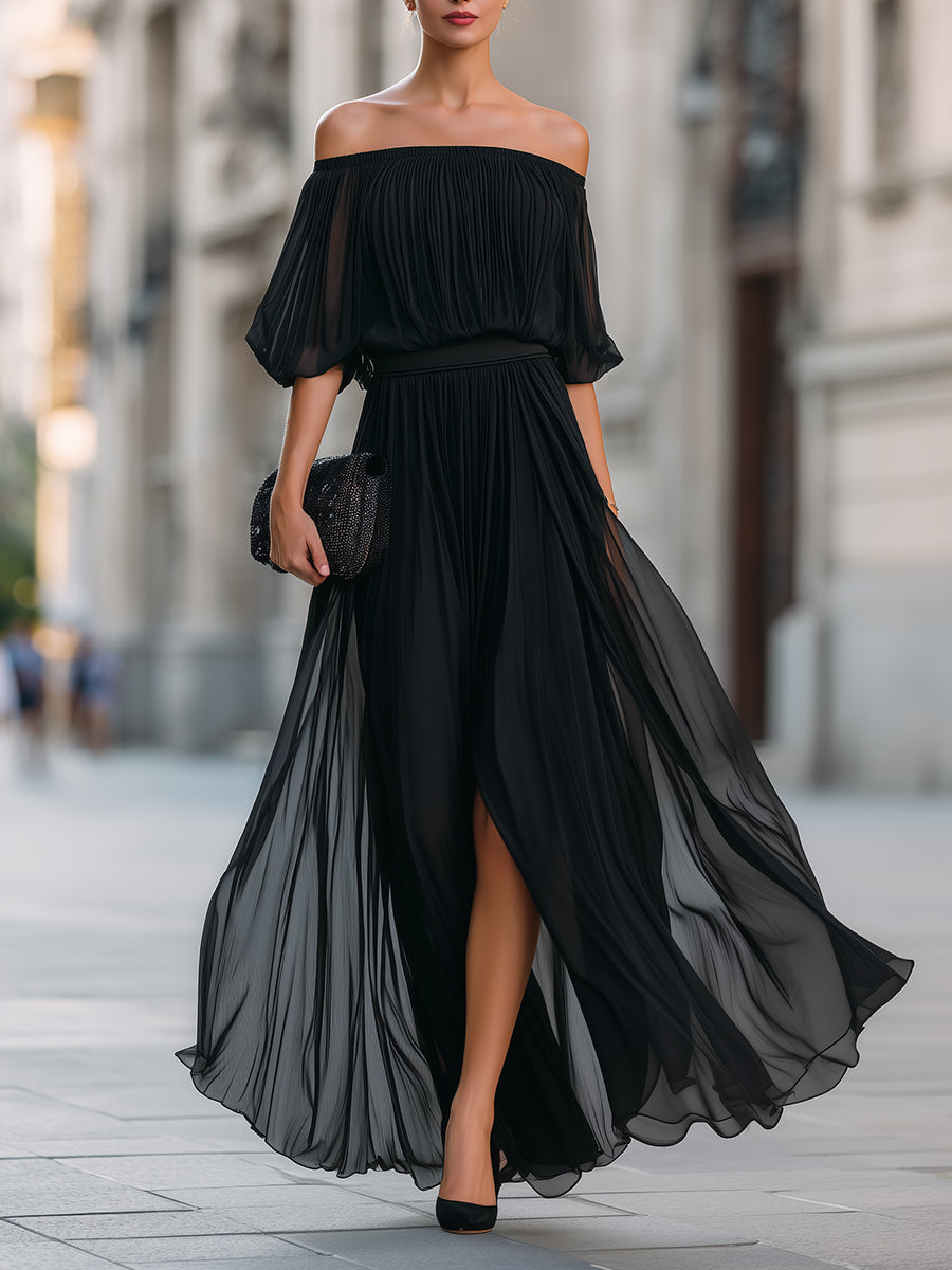 Off-Shoulder Pleated Chiffon Maxi Dress